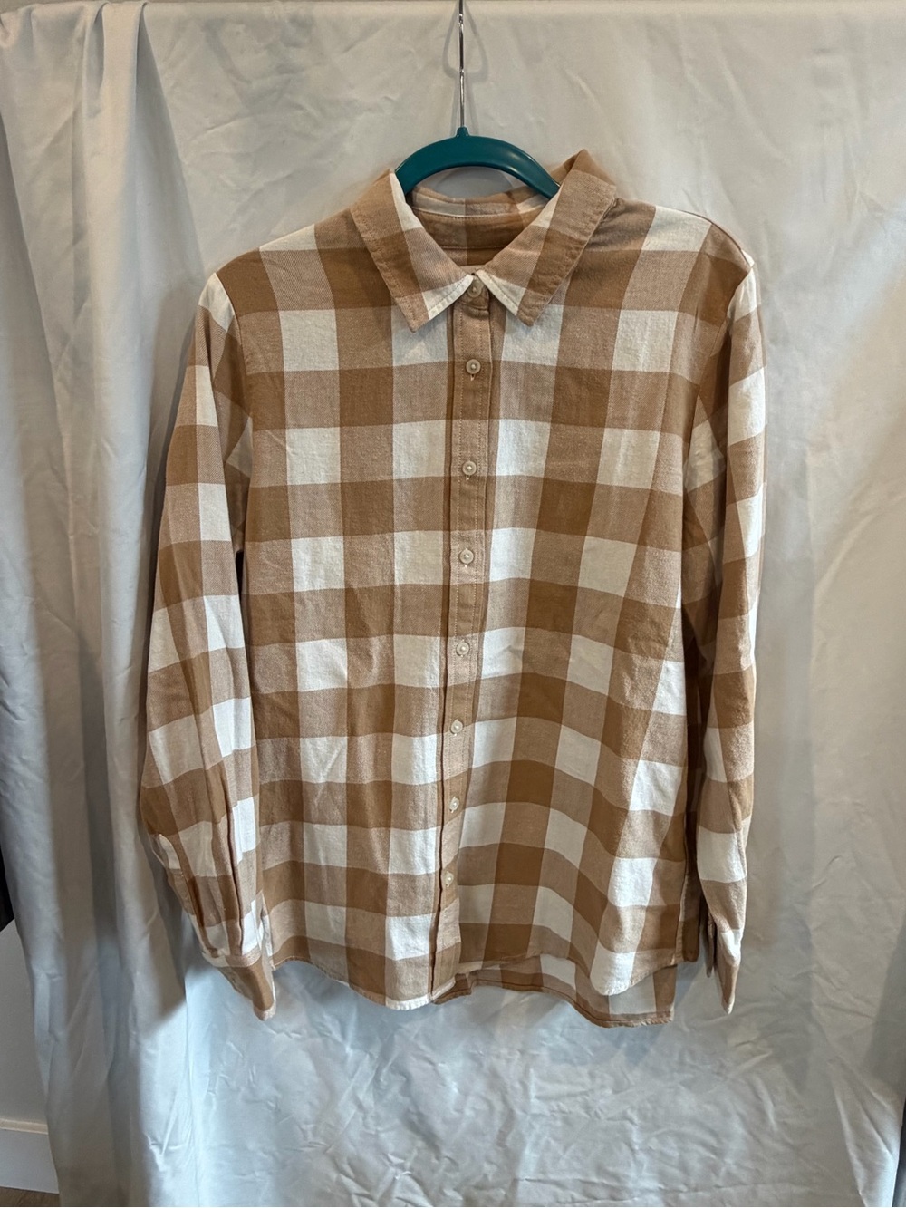 Lands' End Women's Tan and White Check Button-Down Shirt